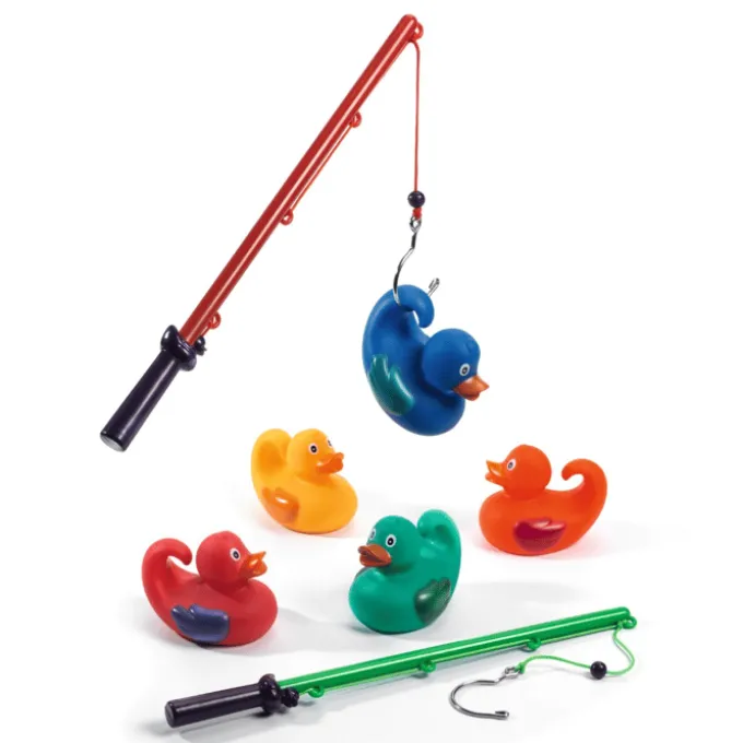 Badeenten, 5 Stück Basis 8 cm + 2 Angelruten