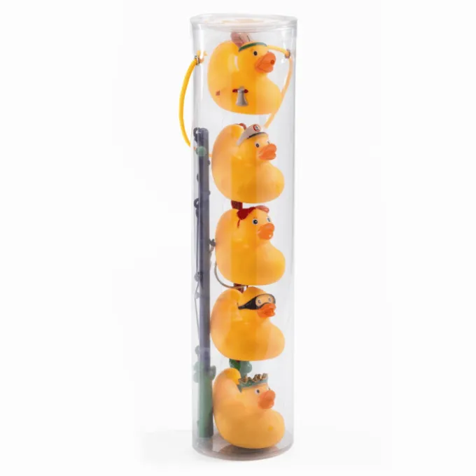 Badeenten, 5 Stück Gelb 8 cm + 2 Angelruten