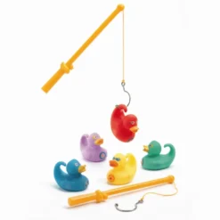 Badeenten, 5 Stück Regenbogen 8 cm + 2 Angelruten