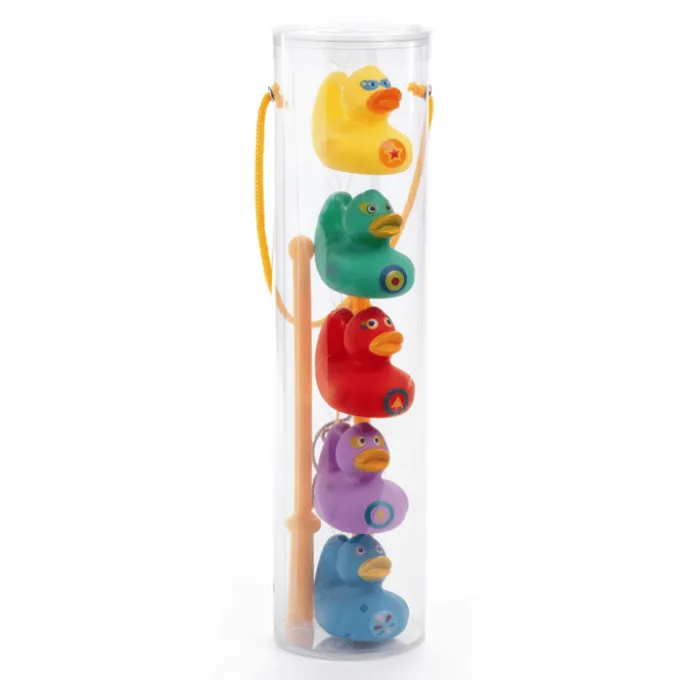 Badeenten, 5 Stück Regenbogen 8 cm + 2 Angelruten