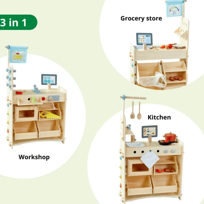 3-in-1 Spielstation – Küche, Laden & Werkstatt
