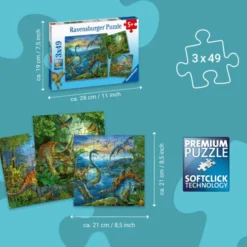 Puzzle mit 3 x 49 Teilen – Dinosaurier