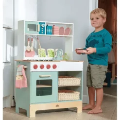 Spielküche aus Holz m. Mikrowelle, inkl. Zubehör